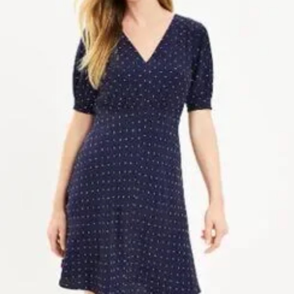 3/$10 LOFT Navy Puff Sleeve Dress with White Dots